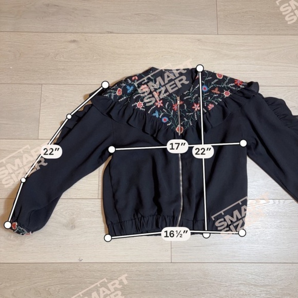 Zara TRF Black Embroidered Floral Ruffle Bomber Jacket Womens Medium Zip Up Boho - Picture 7 of 7